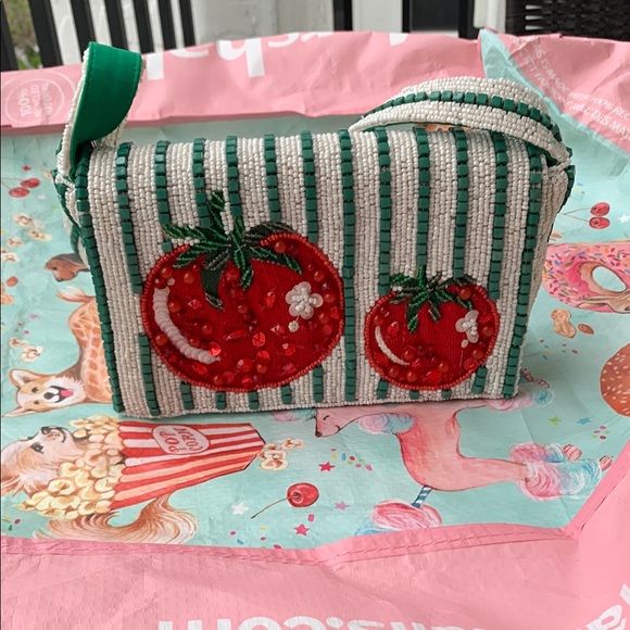 Made in India Handbags - Striped Green and White Beaded Bag with Tomato Design
